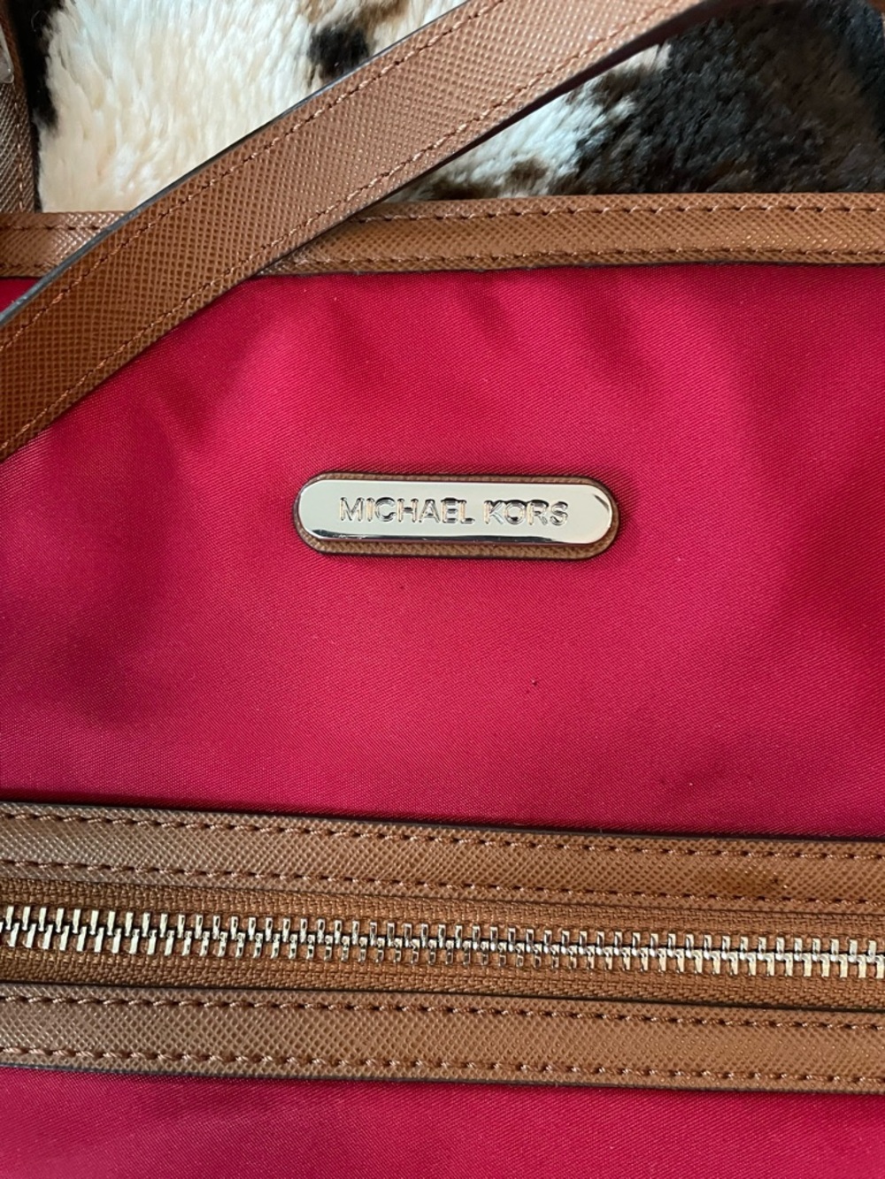 Michael Kors Red Tote with Brown Trim and Zip Pocket - Picture 3 of 8